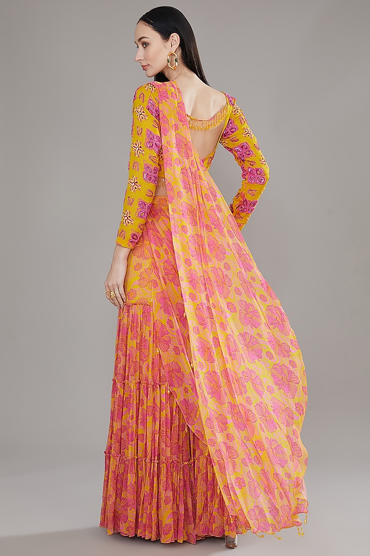 Orange Modal & Georgette Printed Draped Wedding Sharara Set by DiyaRajvvir at Pernia's Pop Up Shop