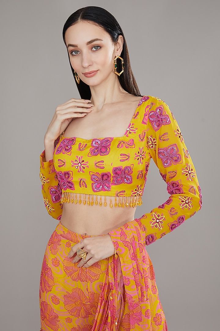 Orange Modal & Georgette Printed Draped Wedding Sharara Set by DiyaRajvvir at Pernia's Pop Up Shop