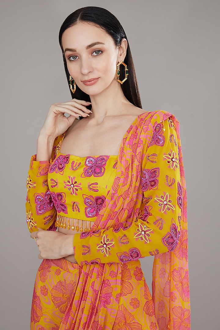 Orange Modal & Georgette Printed Draped Wedding Sharara Set by DiyaRajvvir at Pernia's Pop Up Shop