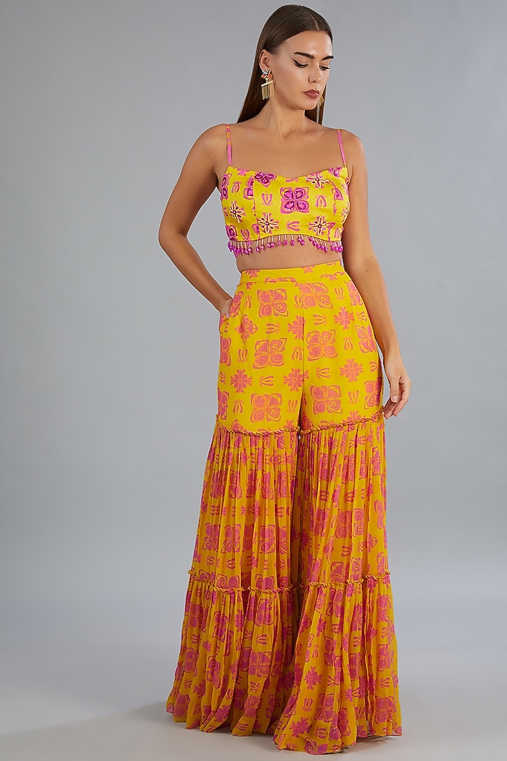 Yellow Modal & Georgette Printed Gharara Set by DiyaRajvvir at Pernia's Pop Up Shop