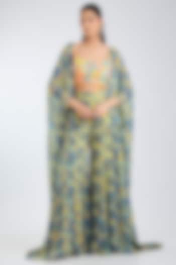 Green & Yellow Georgette Printed Wedding Sharara Set by DiyaRajvvir at Pernia's Pop Up Shop