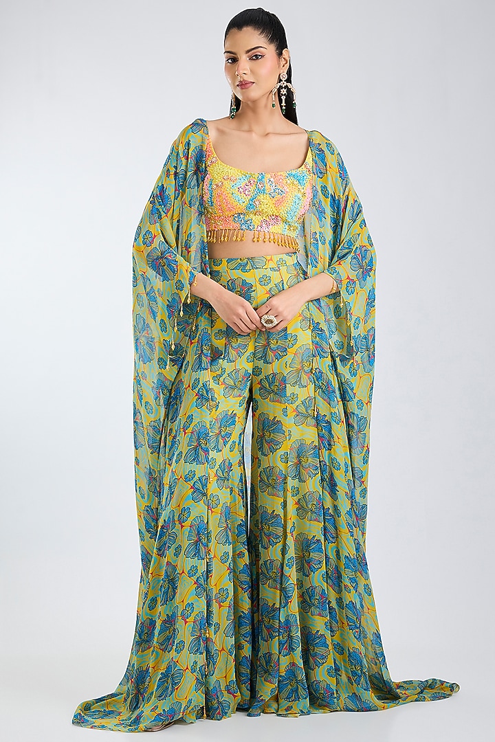 Green & Yellow Georgette Printed Wedding Sharara Set by DiyaRajvvir at Pernia's Pop Up Shop