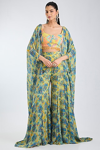 Green & Yellow Georgette Printed Sharara Set by DiyaRajvvir