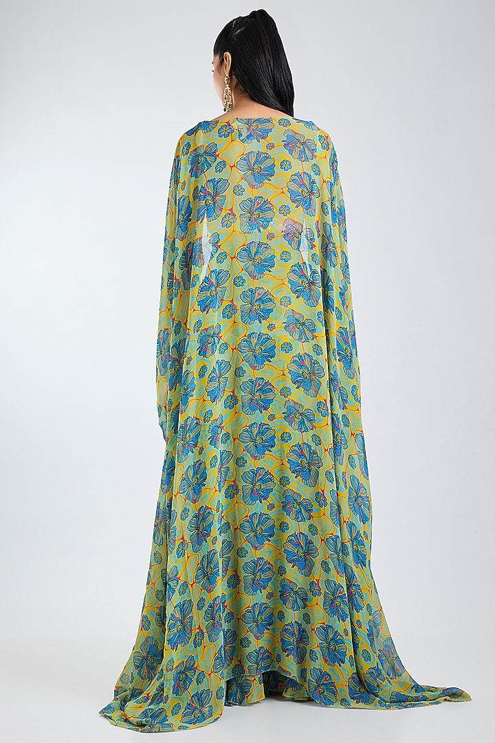Green & Yellow Georgette Printed Wedding Sharara Set by DiyaRajvvir at Pernia's Pop Up Shop