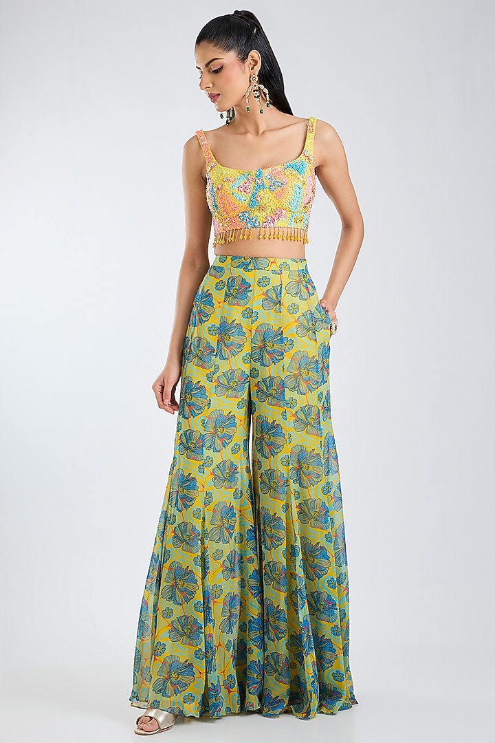 Green & Yellow Georgette Printed Wedding Sharara Set by DiyaRajvvir at Pernia's Pop Up Shop