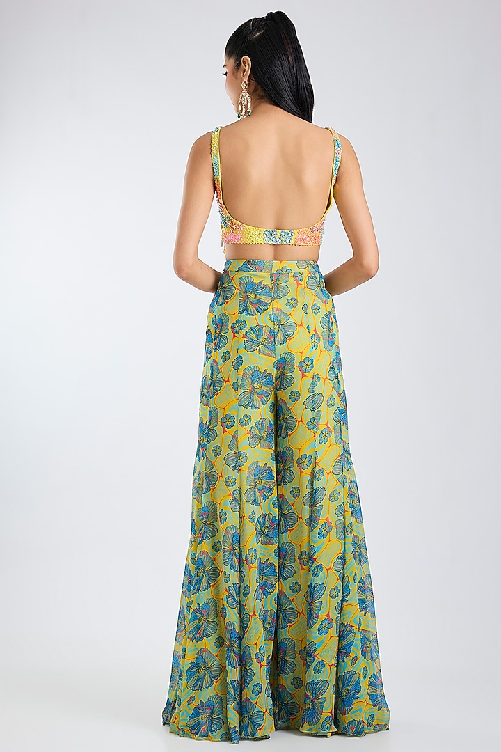Green & Yellow Georgette Printed Wedding Sharara Set by DiyaRajvvir at Pernia's Pop Up Shop