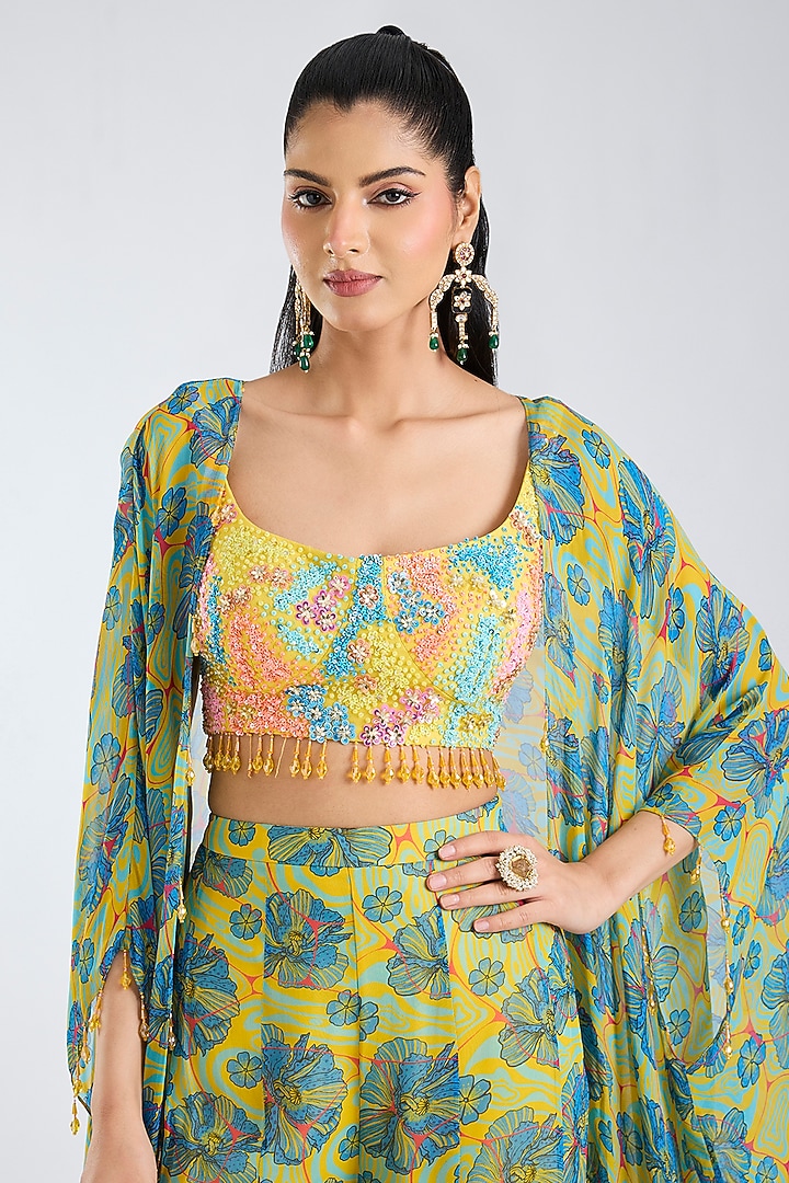 Green & Yellow Georgette Printed Wedding Sharara Set by DiyaRajvvir at Pernia's Pop Up Shop