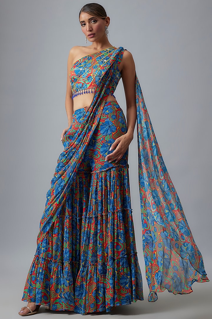 Dark Blue Crepe & Georgette Floral Jaal Printed Gharara Pant Saree Set by DiyaRajvvir at Pernia's Pop Up Shop