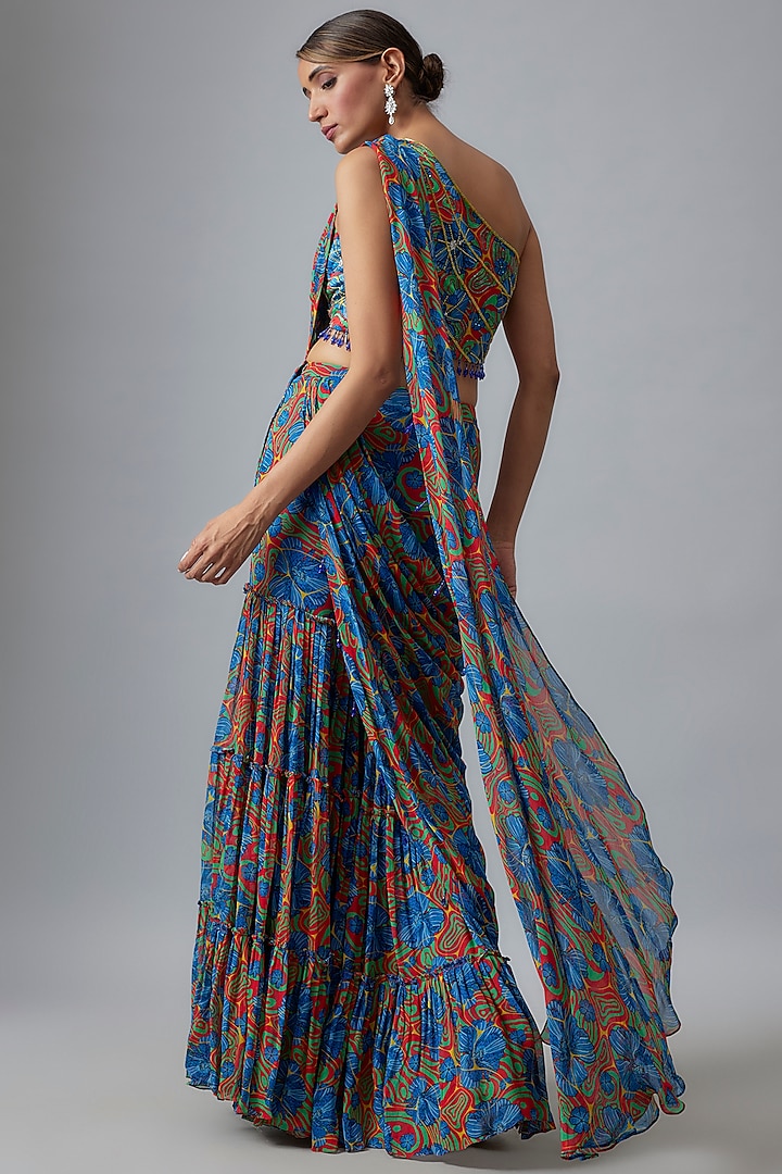 Dark Blue Crepe & Georgette Floral Jaal Printed Gharara Pant Wedding Saree Set by DiyaRajvvir at Pernia's Pop Up Shop