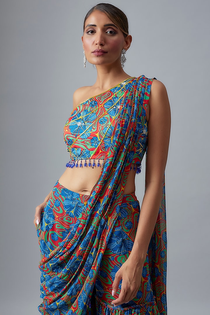 Dark Blue Crepe & Georgette Floral Jaal Printed Gharara Pant Wedding Saree Set by DiyaRajvvir at Pernia's Pop Up Shop