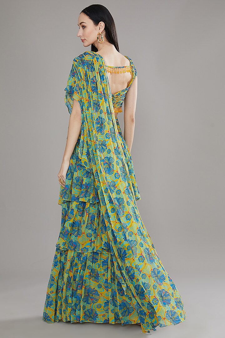 Green Georgette Printed Draped Skirt Set by DiyaRajvvir at Pernia's Pop Up Shop