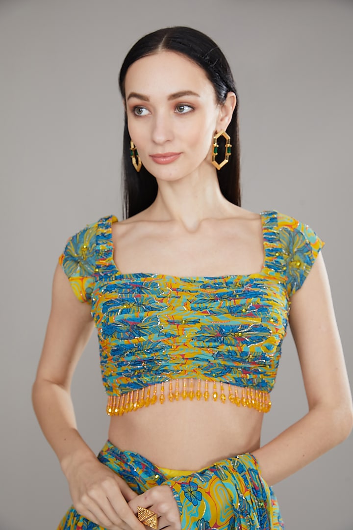 Green Georgette Printed Draped Skirt Set by DiyaRajvvir at Pernia's Pop Up Shop