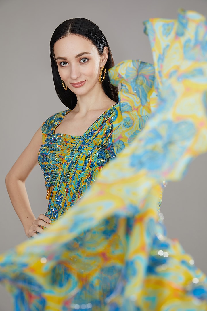 Green Georgette Printed Draped Skirt Set by DiyaRajvvir at Pernia's Pop Up Shop