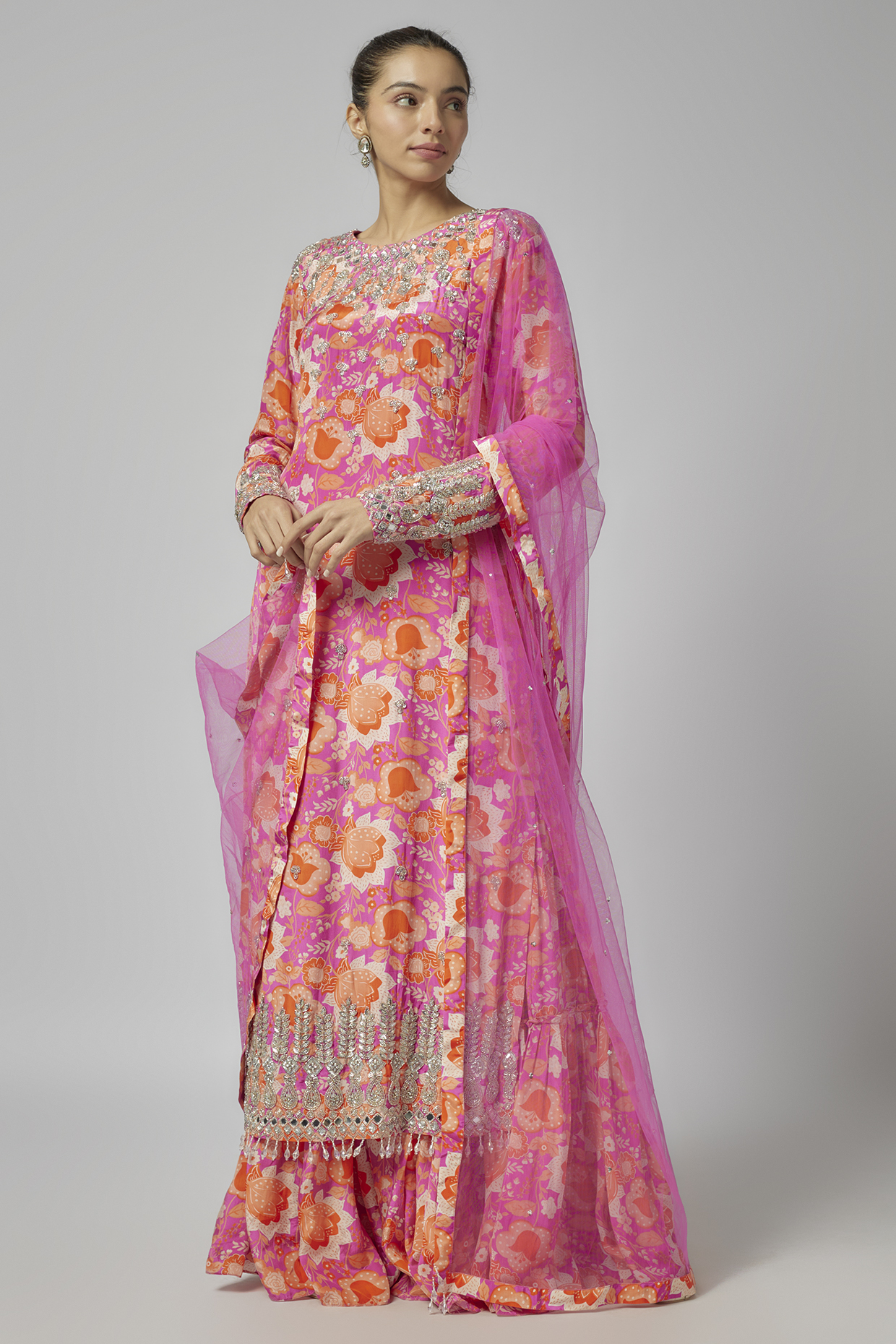 Pink Crepe & Tulle Floral Jaal Printed Long Kurta Set by DiyaRajvvir at Pernia's Pop Up Shop