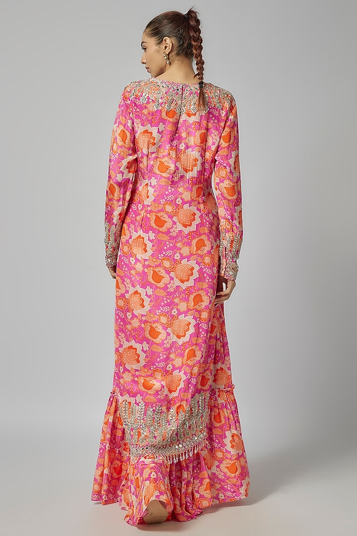 Pink Crepe & Tulle Floral Jaal Printed Long Kurta Set by DiyaRajvvir at Pernia's Pop Up Shop