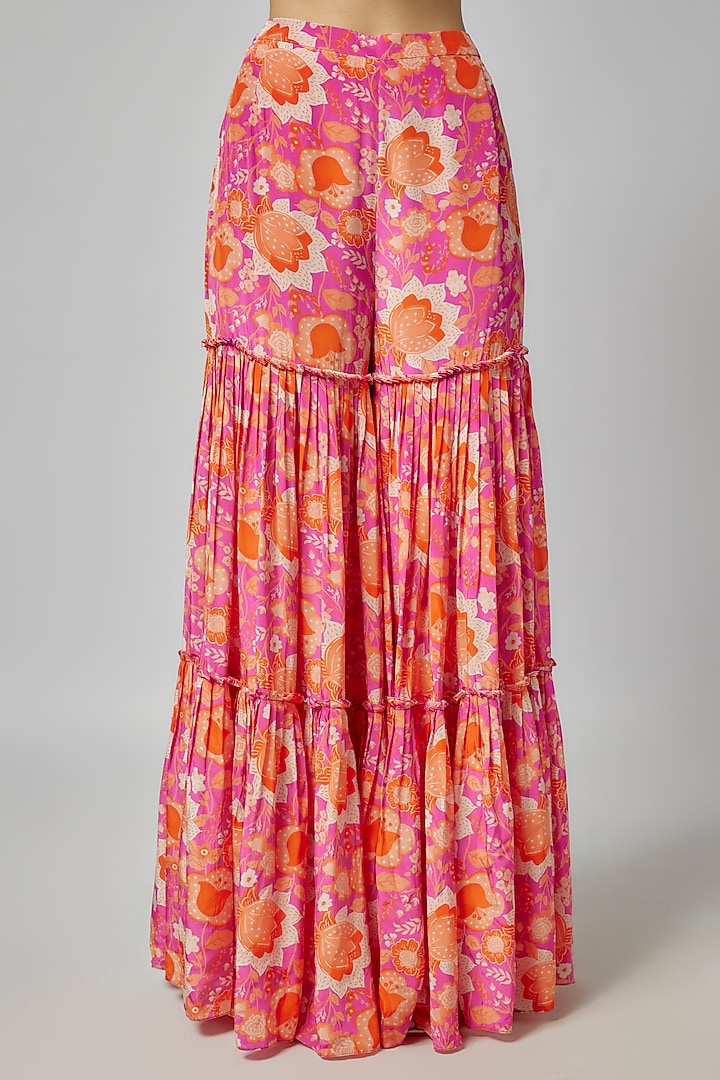 Pink Crepe & Tulle Floral Jaal Printed Long Kurta Set by DiyaRajvvir at Pernia's Pop Up Shop