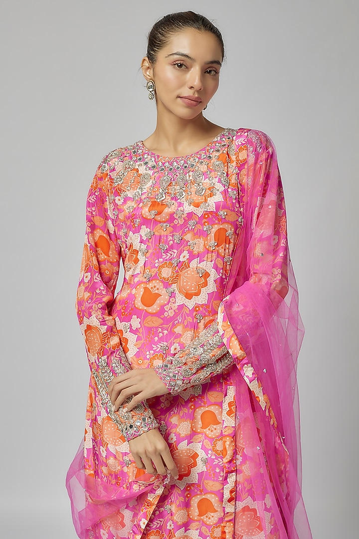 Pink Crepe & Tulle Floral Jaal Printed Long Kurta Set by DiyaRajvvir at Pernia's Pop Up Shop