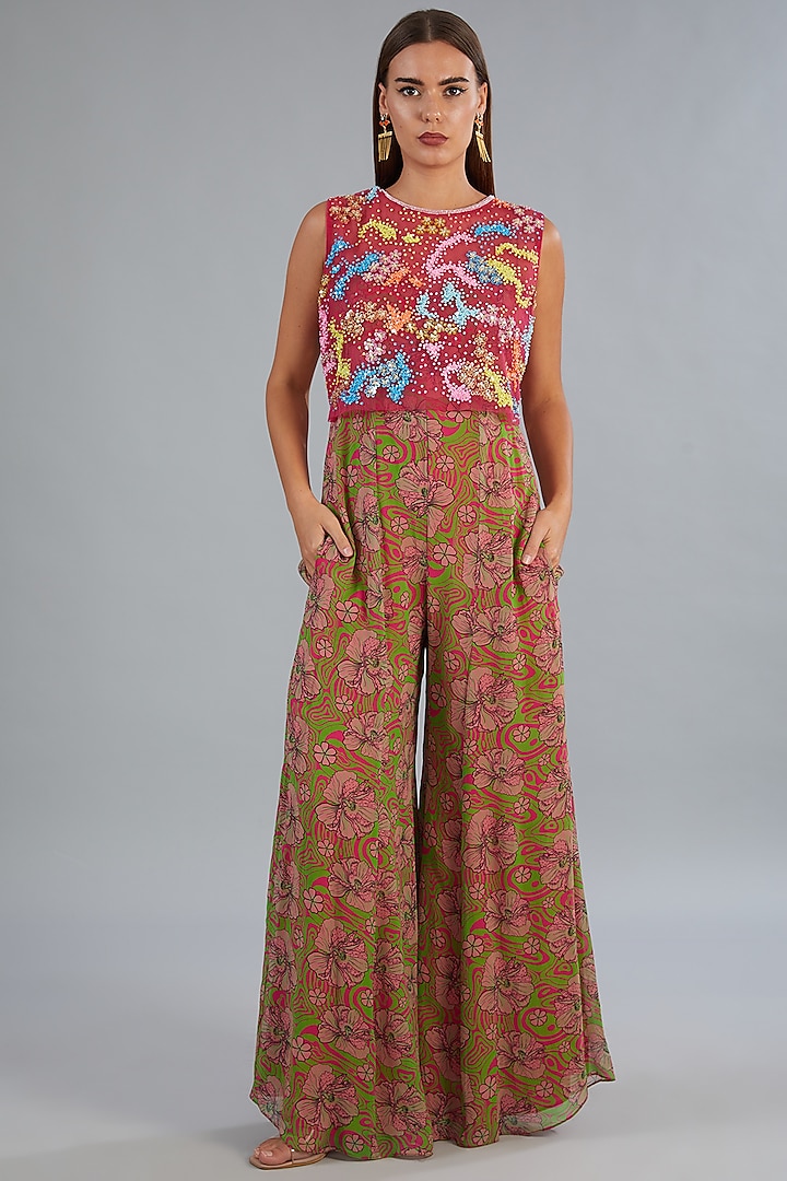 Fuchsia Pink Tulle & Georgette Printed Jumpsuit by DiyaRajvvir
