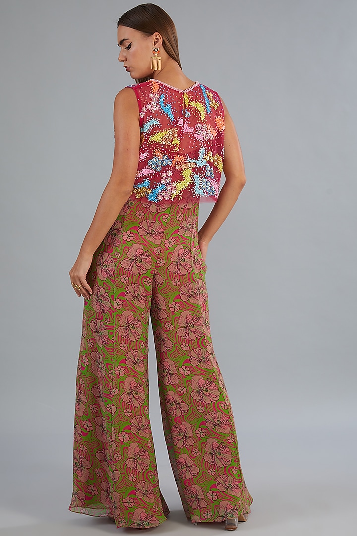 Fuchsia Pink Tulle & Georgette Printed Jumpsuit by DiyaRajvvir at Pernia's Pop Up Shop