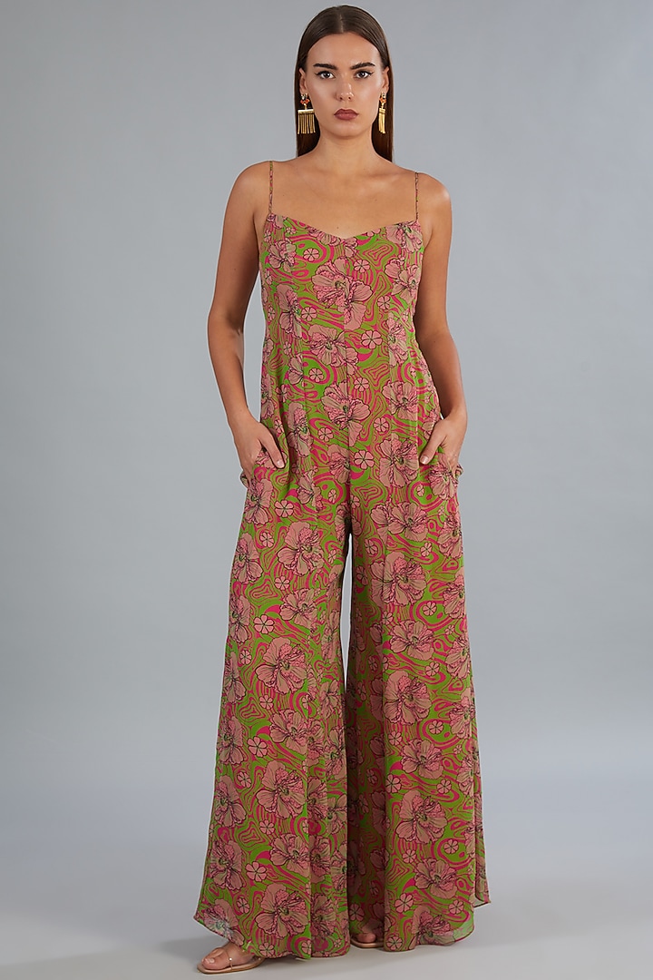 Fuchsia Pink Tulle & Georgette Printed Jumpsuit by DiyaRajvvir at Pernia's Pop Up Shop
