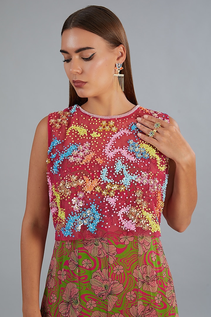 Fuchsia Pink Tulle & Georgette Printed Jumpsuit by DiyaRajvvir at Pernia's Pop Up Shop