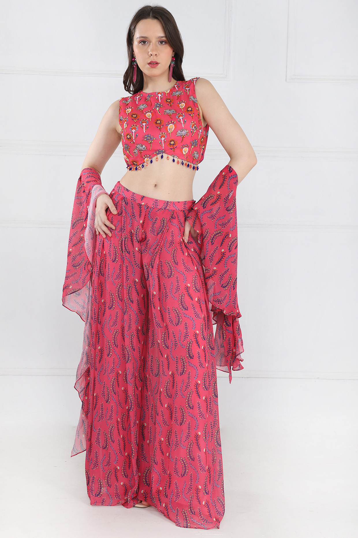 Fuschia Pink Modal & Georgette Floral Butta Printed Pant Set by DiyaRajvvir at Pernia's Pop Up Shop