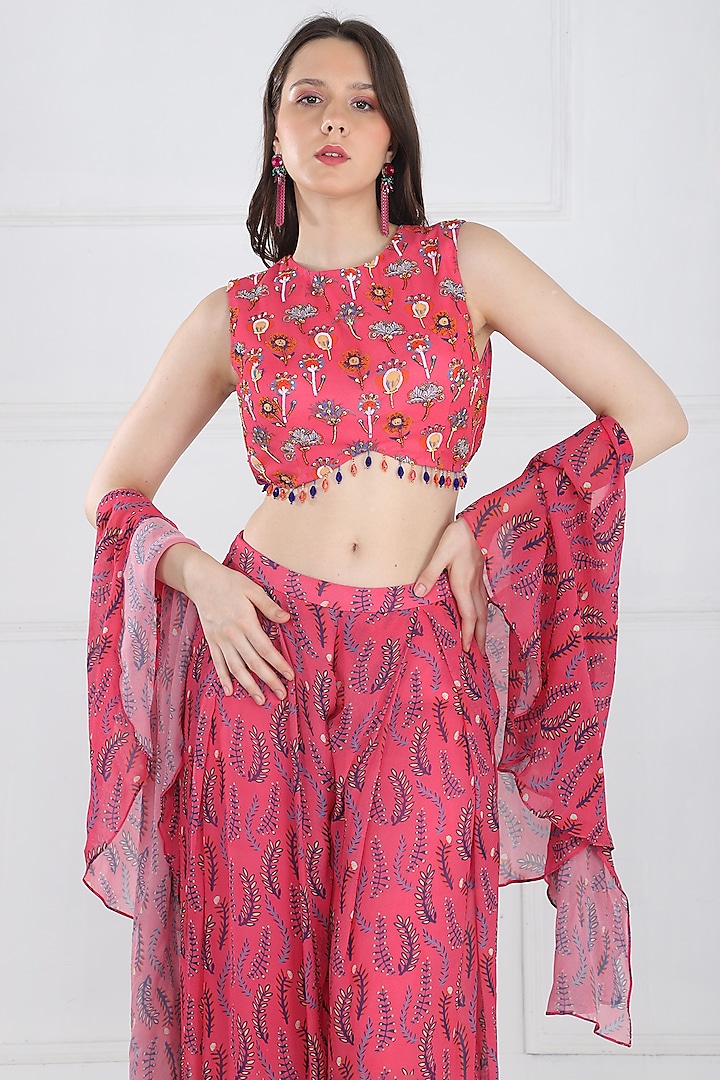 Fuschia Pink Modal & Georgette Floral Butta Printed Pant Set by DiyaRajvvir at Pernia's Pop Up Shop