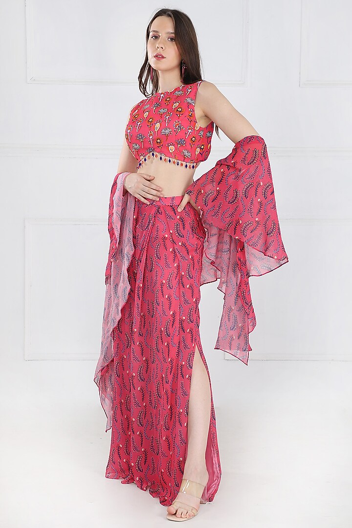 Fuschia Pink Modal & Georgette Floral Butta Printed Pant Set by DiyaRajvvir at Pernia's Pop Up Shop