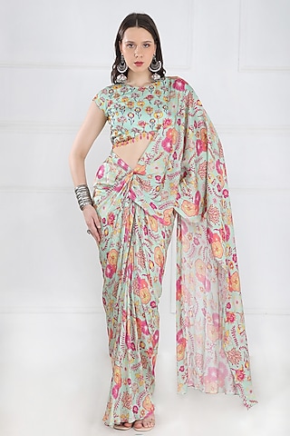Mint Green Modal & Georgette Floral Jaal Printed Skirt Saree Set by DiyaRajvvir