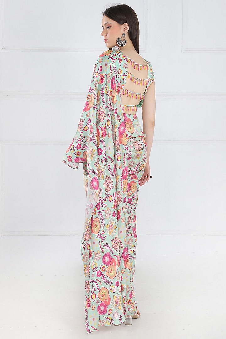 Mint Green Modal & Georgette Floral Jaal Printed Skirt Wedding Saree Set by DiyaRajvvir at Pernia's Pop Up Shop