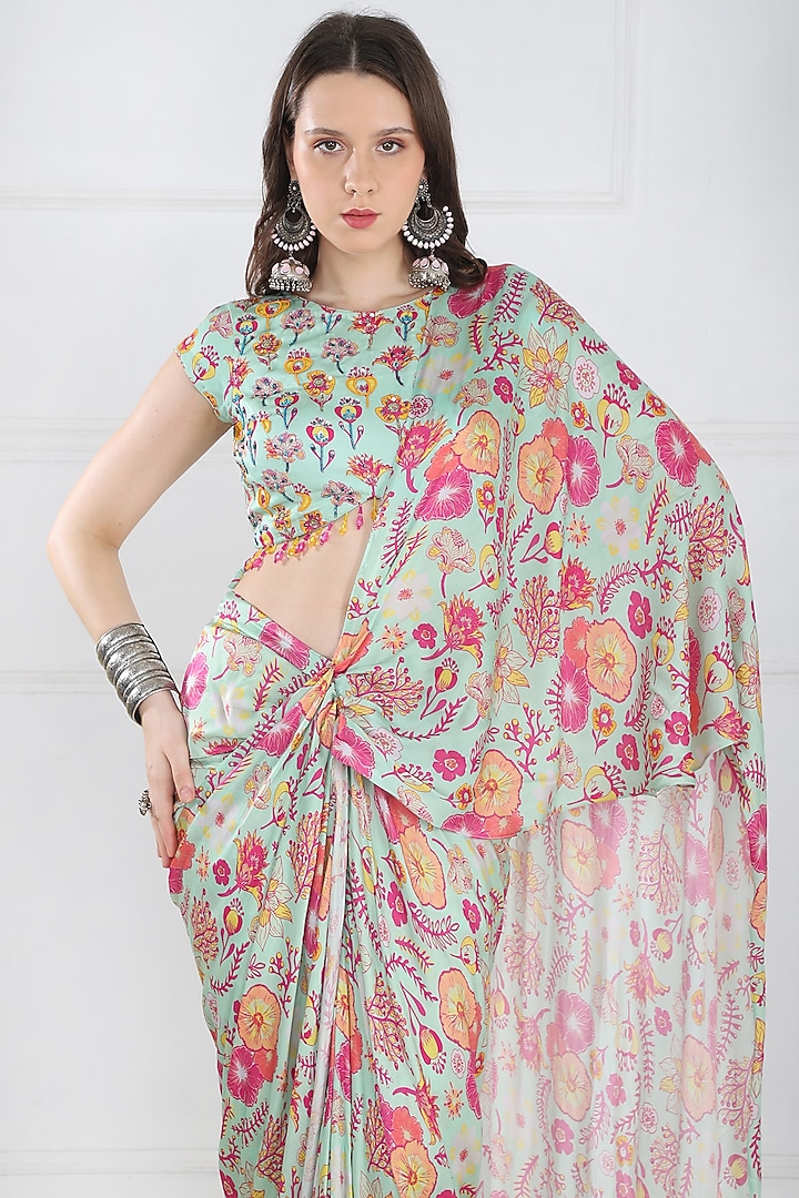 Mint Green Modal & Georgette Floral Jaal Printed Skirt Wedding Saree Set by DiyaRajvvir at Pernia's Pop Up Shop