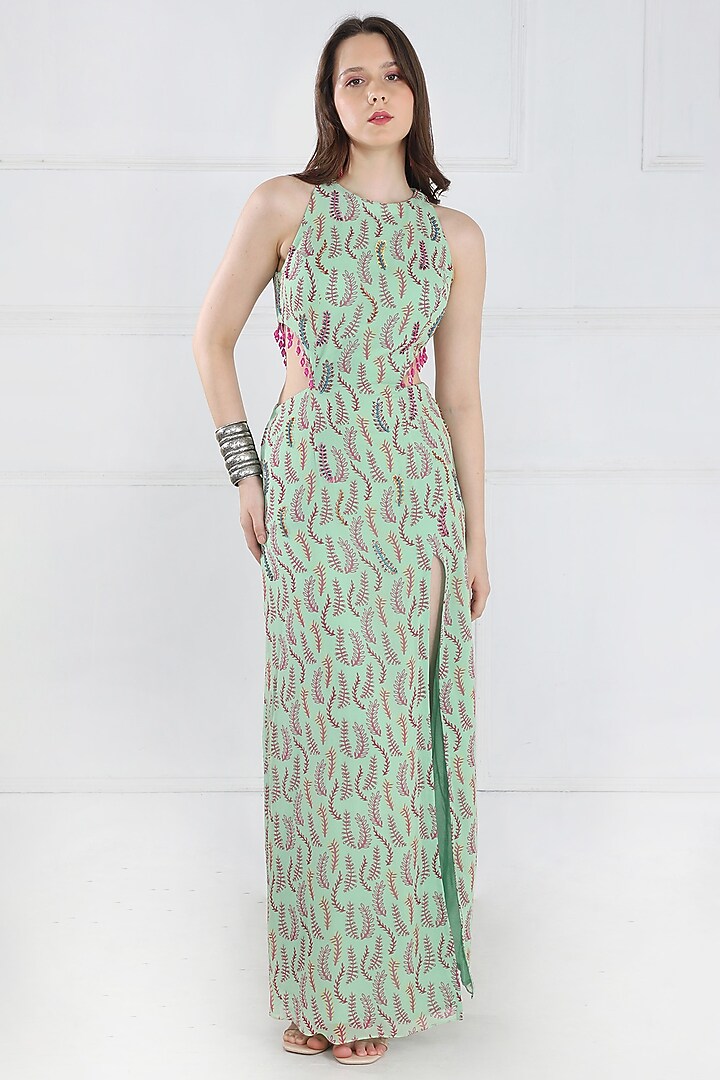 Mint Green Georgette Butta Printed Vacation Dress by DiyaRajvvir at Pernia's Pop Up Shop