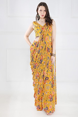 Yellow Georgette & Modal Floral Jaal Printed Pant Saree Set by DiyaRajvvir