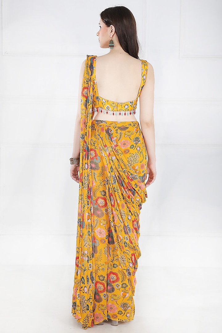 Yellow Georgette & Modal Floral Jaal Printed Pant Wedding Saree Set by DiyaRajvvir at Pernia's Pop Up Shop