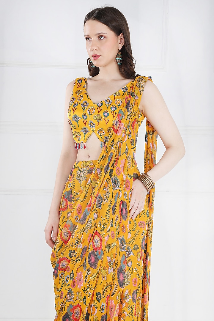 Yellow Georgette & Modal Floral Jaal Printed Pant Wedding Saree Set by DiyaRajvvir at Pernia's Pop Up Shop