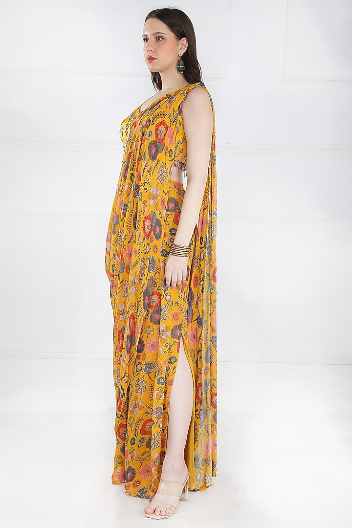 Yellow Georgette & Modal Floral Jaal Printed Pant Wedding Saree Set by DiyaRajvvir at Pernia's Pop Up Shop