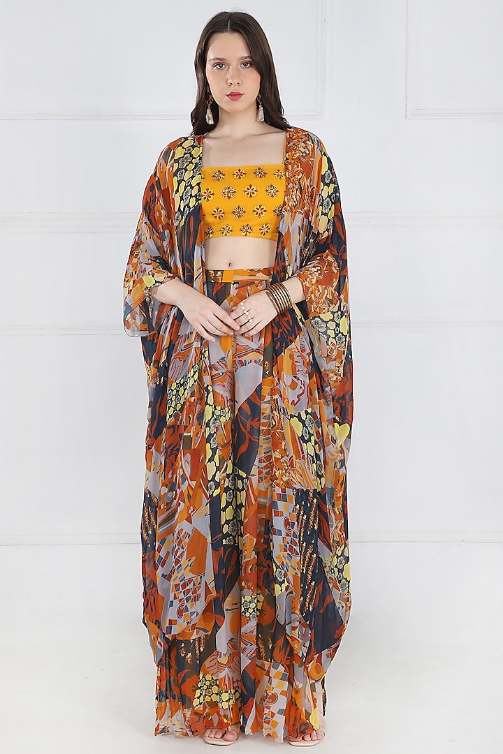 Brown Modal & Georgette Butta Printed Cape Set by DiyaRajvvir at Pernia's Pop Up Shop