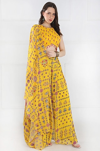 Yellow Georgette & Modal Floral Jaal Printed Pant Saree Set by DiyaRajvvir
