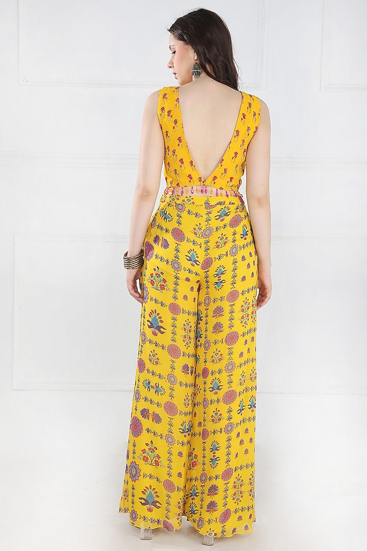Yellow Georgette & Modal Floral Jaal Printed Pant Party Wear Saree Set by DiyaRajvvir at Pernia's Pop Up Shop