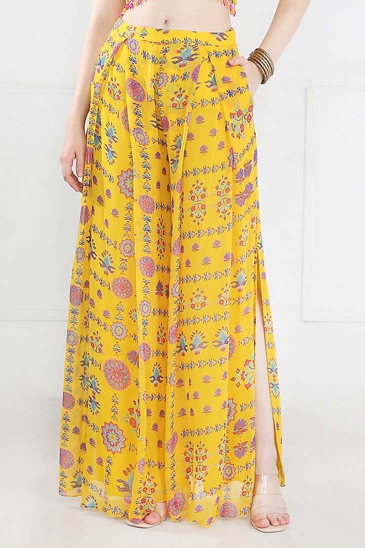 Yellow Georgette & Modal Floral Jaal Printed Pant Party Wear Saree Set by DiyaRajvvir at Pernia's Pop Up Shop