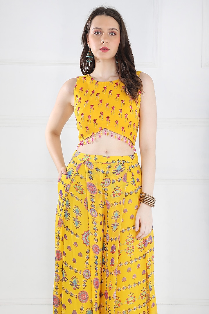 Yellow Georgette & Modal Floral Jaal Printed Pant Party Wear Saree Set by DiyaRajvvir at Pernia's Pop Up Shop