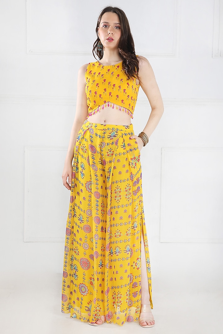 Yellow Georgette & Modal Floral Jaal Printed Pant Party Wear Saree Set by DiyaRajvvir at Pernia's Pop Up Shop