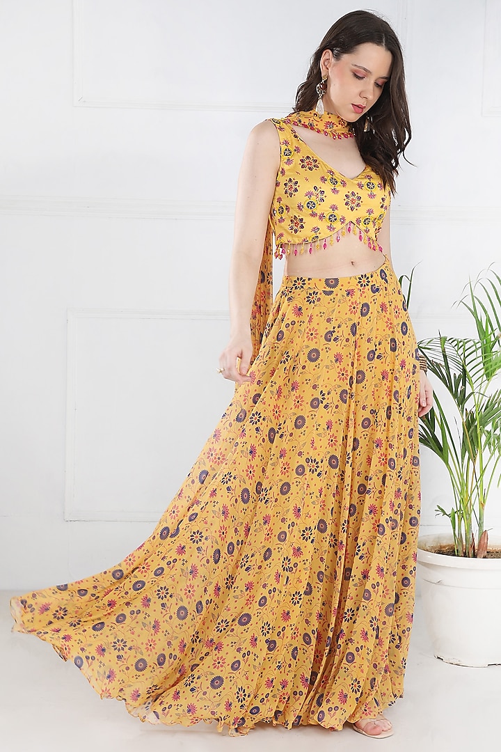 Yellow Modal & Georgette Butta Printed Skirt Set by DiyaRajvvir at Pernia's Pop Up Shop