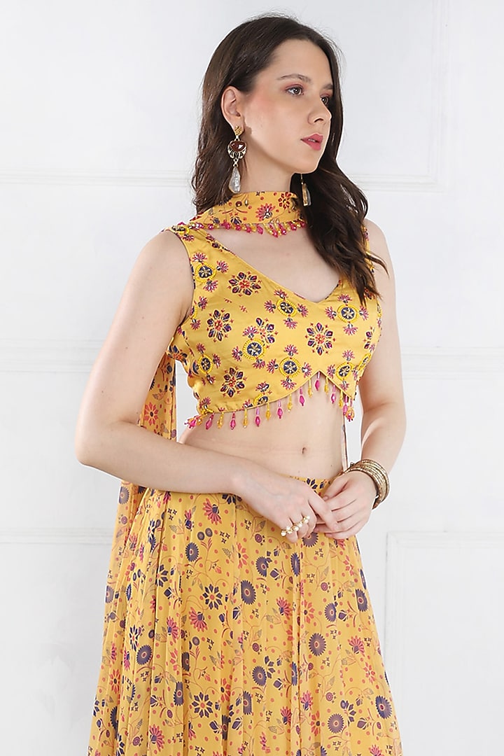 Yellow Modal & Georgette Butta Printed Skirt Set by DiyaRajvvir at Pernia's Pop Up Shop