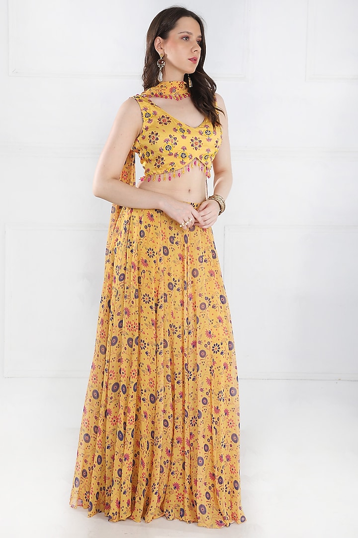 Yellow Modal & Georgette Butta Printed Skirt Set by DiyaRajvvir at Pernia's Pop Up Shop