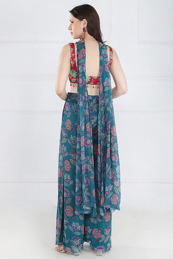 Teal Modal & Georgette Chintz Jaal Printed Pant Set by DiyaRajvvir at Pernia's Pop Up Shop