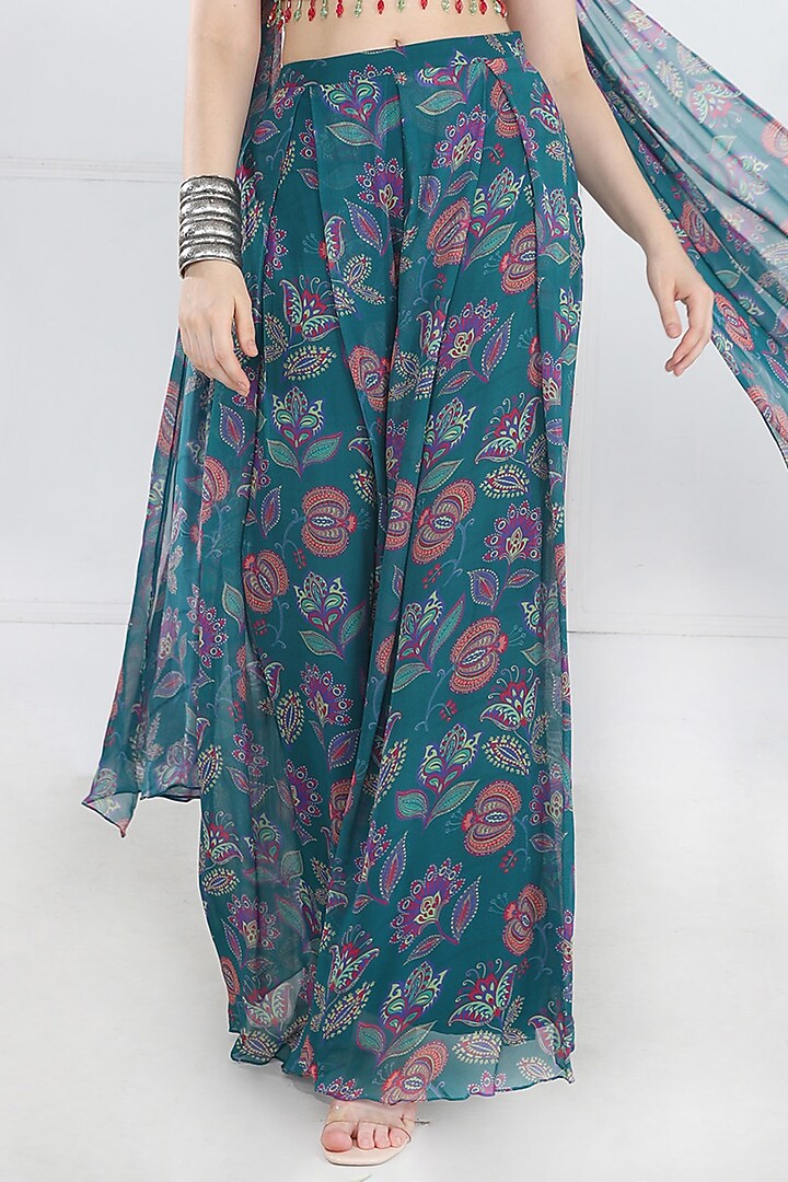 Teal Modal & Georgette Chintz Jaal Printed Pant Set by DiyaRajvvir at Pernia's Pop Up Shop