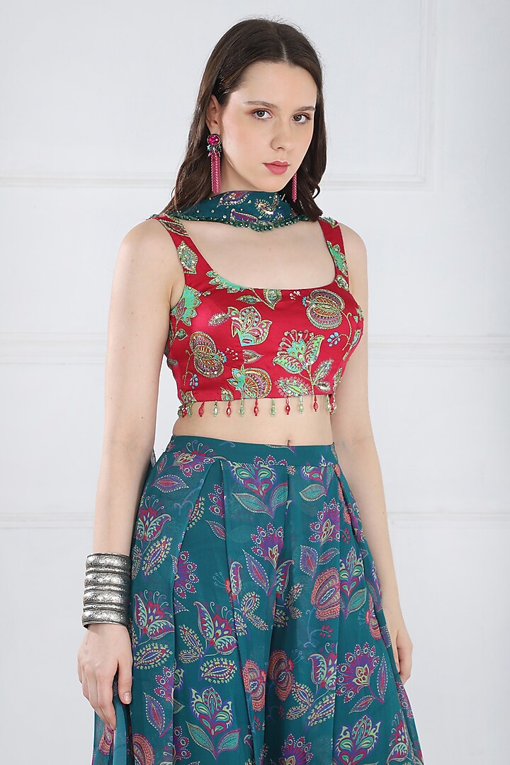 Teal Modal & Georgette Chintz Jaal Printed Pant Set by DiyaRajvvir at Pernia's Pop Up Shop