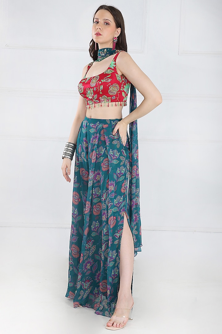 Teal Modal & Georgette Chintz Jaal Printed Pant Set by DiyaRajvvir at Pernia's Pop Up Shop
