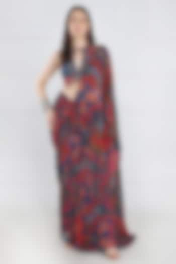 Teal & Fuschia Georgette Floral Jaal Printed Skirt Wedding Saree Set by DiyaRajvvir at Pernia's Pop Up Shop